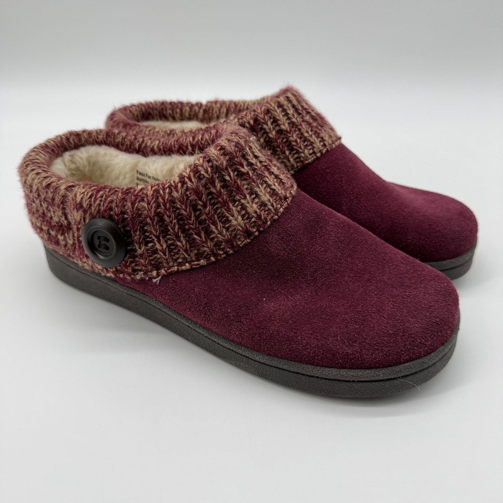 Clarks Suede Knit Sweater Suede Slippers 7 Burgundy Faux Fur Indoor Outdoor Clog